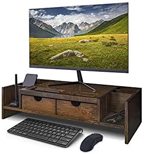 Crestlive Products Bamboo Multifunctional Monitor Stand Riser with Adjustable Storage Organizer & Drawers Laptop Cellphone TV Printer Stand, Antique Brown
