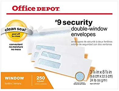 Office Depot Double-Window Envelopes, 9 (3 7/8in. x 8 7/8in.), White, Clean Seal(TM), Box of 250, 77166