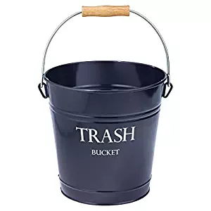 mDesign Small Round Metal Trash Can Pail, Wastebasket, Garbage Container Bin for Bathrooms, Kitchens, Home Offices - Farmhouse Decor - Portable, Wood Grip Handle - Navy Blue/White Lettering
