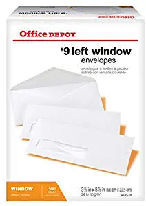 Office Depot Brand Window Envelopes, Window On Bottom Left, 9, 3 7/8