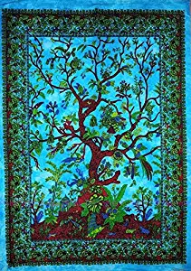 Jaipur Handloom Exclusive Turquoise Boho Tree of Life Tapestry Tie and Dye Blue Dorm Tapestry, Hippie Gypsy Wall Hanging New Age Dorm Tapestry