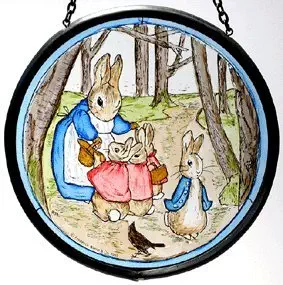 Decorative Hand Painted Stained Glass Window Sun Catcher/Roundel in Beatrix Potter's Mrs Rabbit with Flopsy Bunnies and Peter in the Wood Design